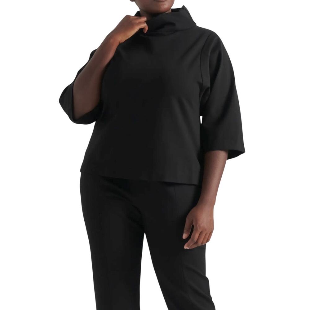 Pari Passu Katy Ponte Funnel Neck Top Womens D 14 Black 3/4 Sleeve Blouse NWT